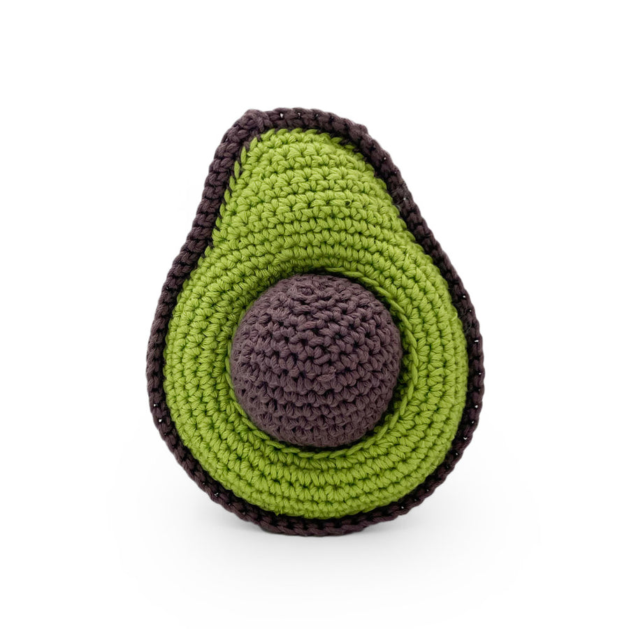 Myum handmade cotton crochet avocado rattle toy on a white background