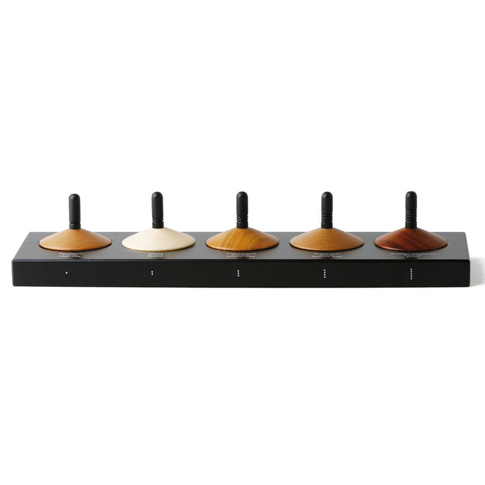 Naef 5 eco-friendly wooden spinning top toy set in their black stand on a white background