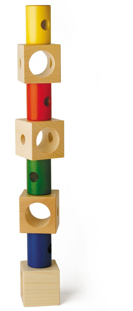 Naef Signa wooden threading toy stacked on a white background in an intermittent pattern.