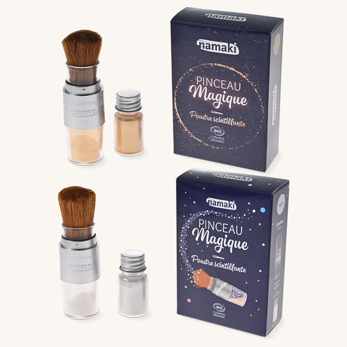 Namaki sparkling powder and magic  brush showing gold and silver