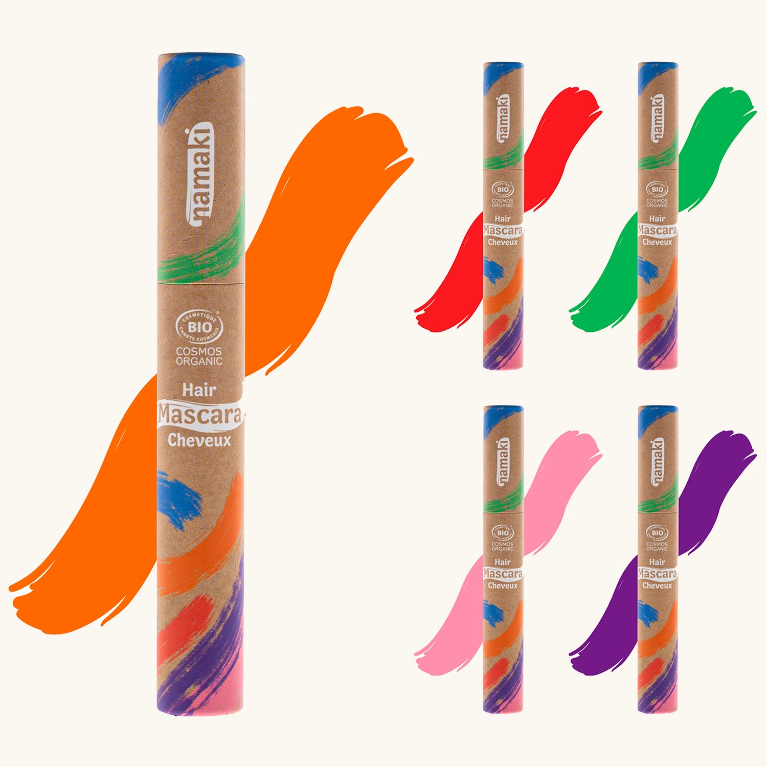 Namaki Hair Mascara Tubes in blue, red, purple, pink, green and orange