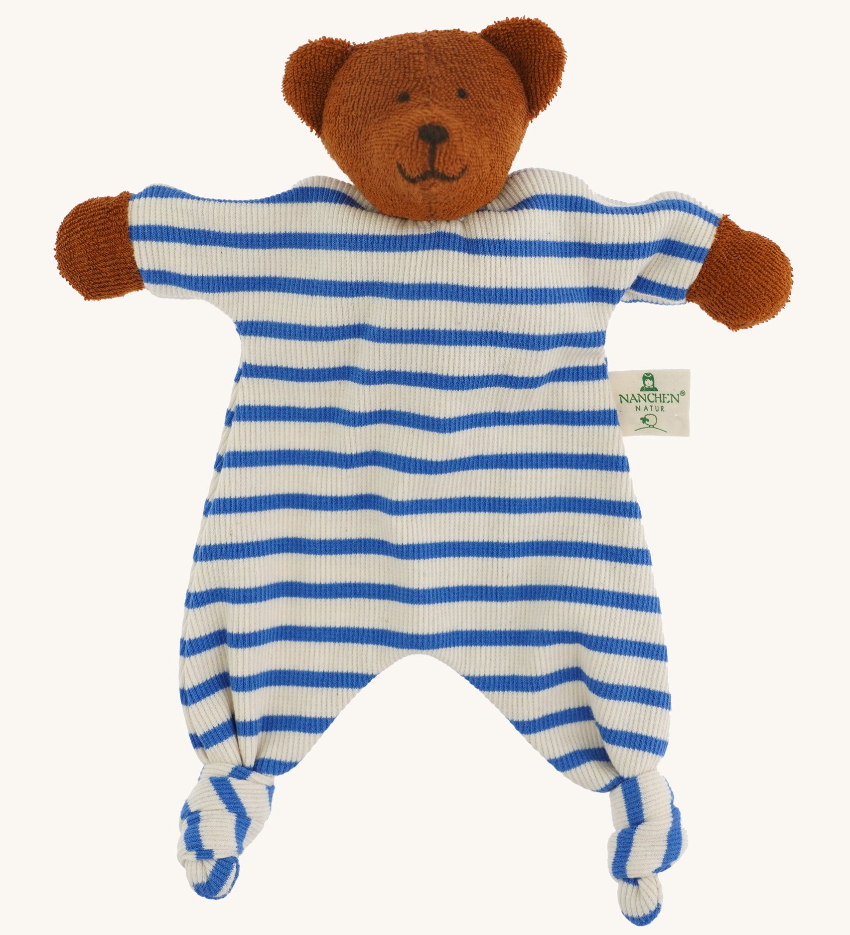 A beautifully handmade teddy bear comforter toy, the Nanchen Baby Comforter - Bear has brown face and  hands, and a blue and white stripe body