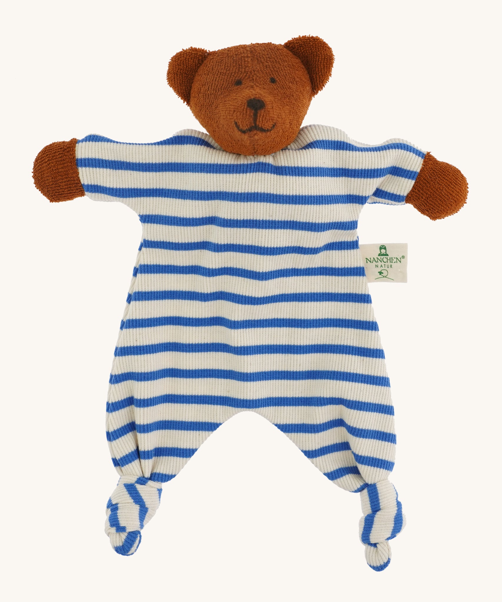 A beautifully handmade teddy bear comforter toy, the Nanchen Baby Comforter - Bear has brown face and  hands, and a blue and white stripe body