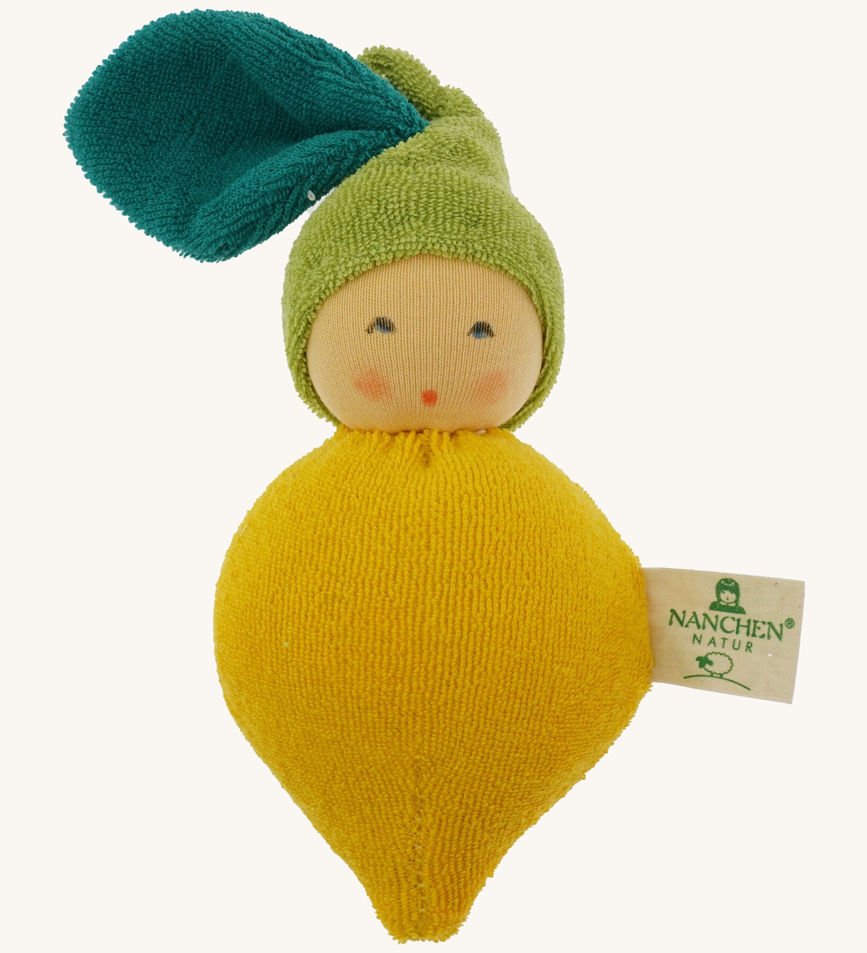 Nanchen Lemon Rattle Doll - organic doll on a cream background.