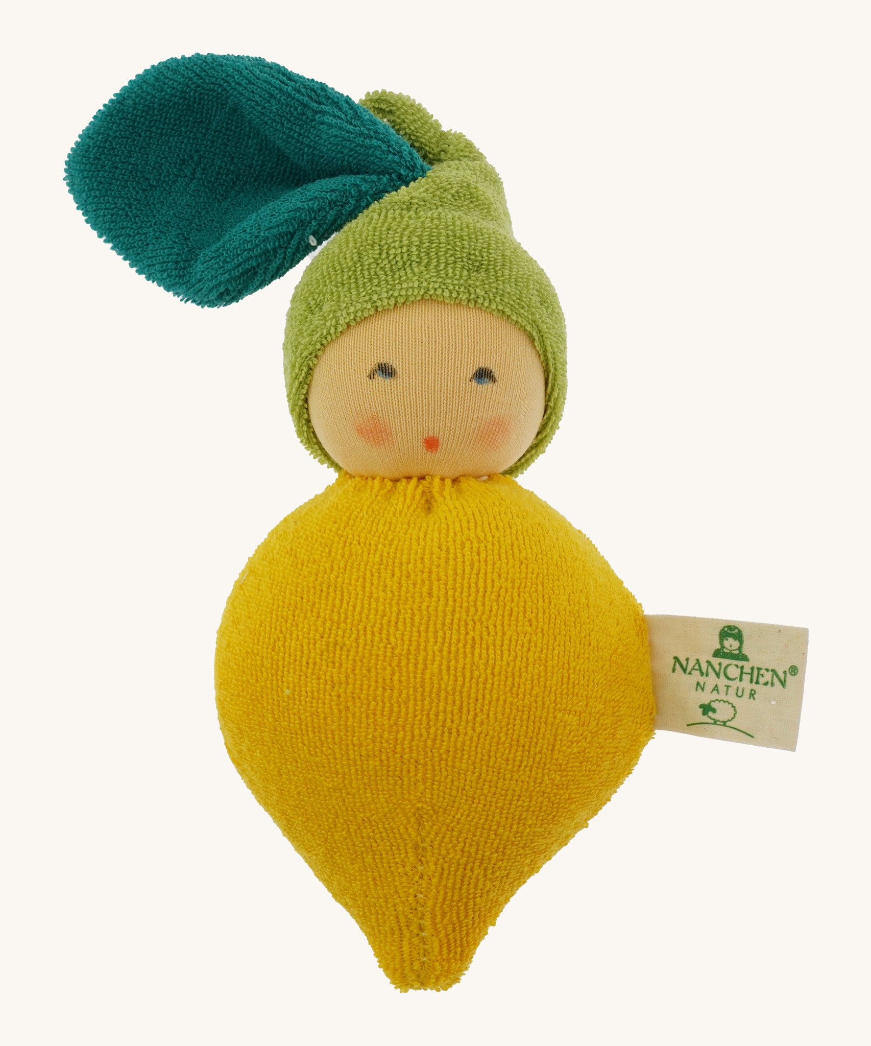 Nanchen Lemon Rattle Doll - organic doll on a cream background.