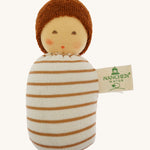 Nanchen Oak Baby Waldorf Doll - Stripes. A little organic grasping doll with a striped swaddle on a cream background.