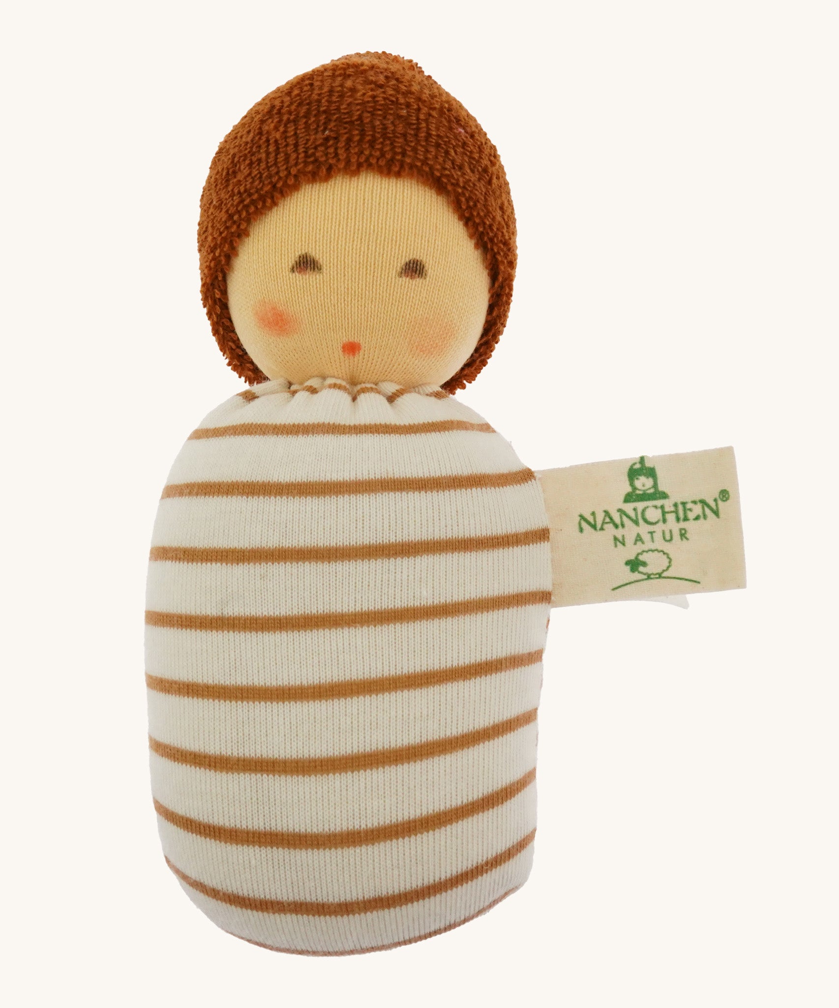 Nanchen Oak Baby Waldorf Doll - Stripes. A little organic grasping doll with a striped swaddle on a cream background.