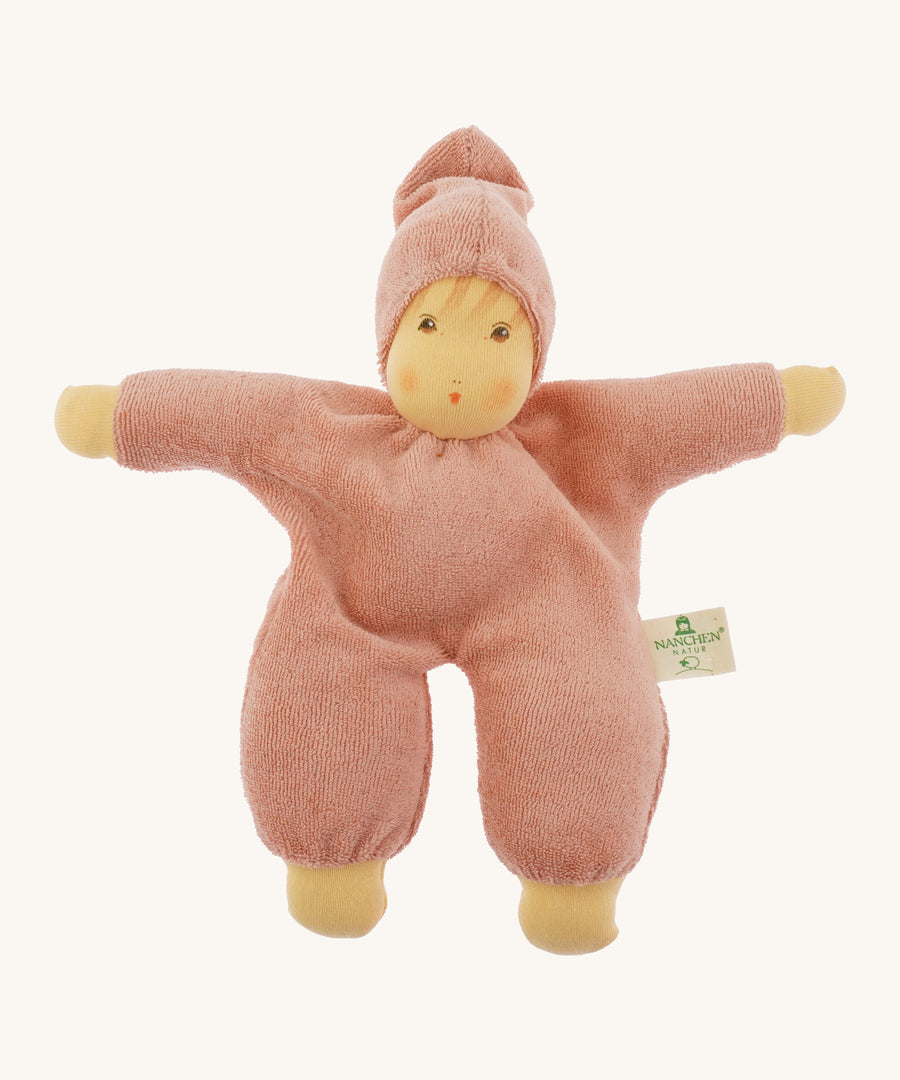 Nanchen Waldorf Cuddle Doll - Rose, a pink organic doll on a cream background. 