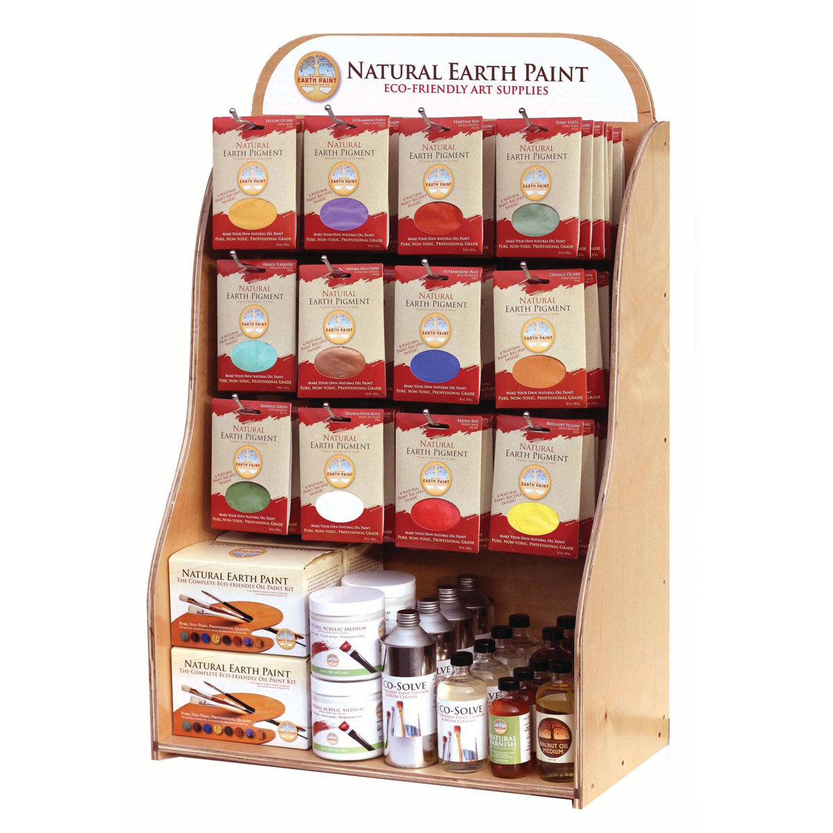 Wooden shelf filled with packets of Natural Earth eco-friendly mineral paint pigments on a white background