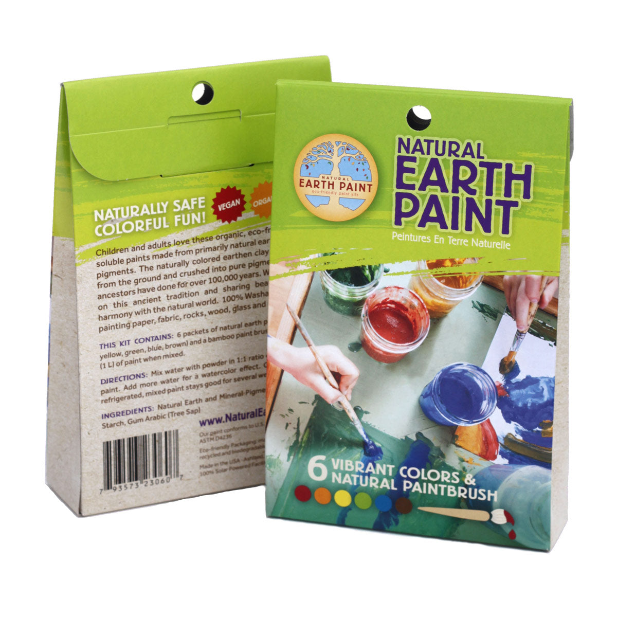 Close up of the cardboard packaging for the Natural Earth eco-friendly small kids paint kit on a white background