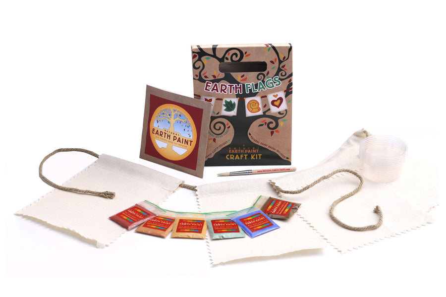 Natural Earth eco-friendly bunting craft kit laid out next to its box on a white background