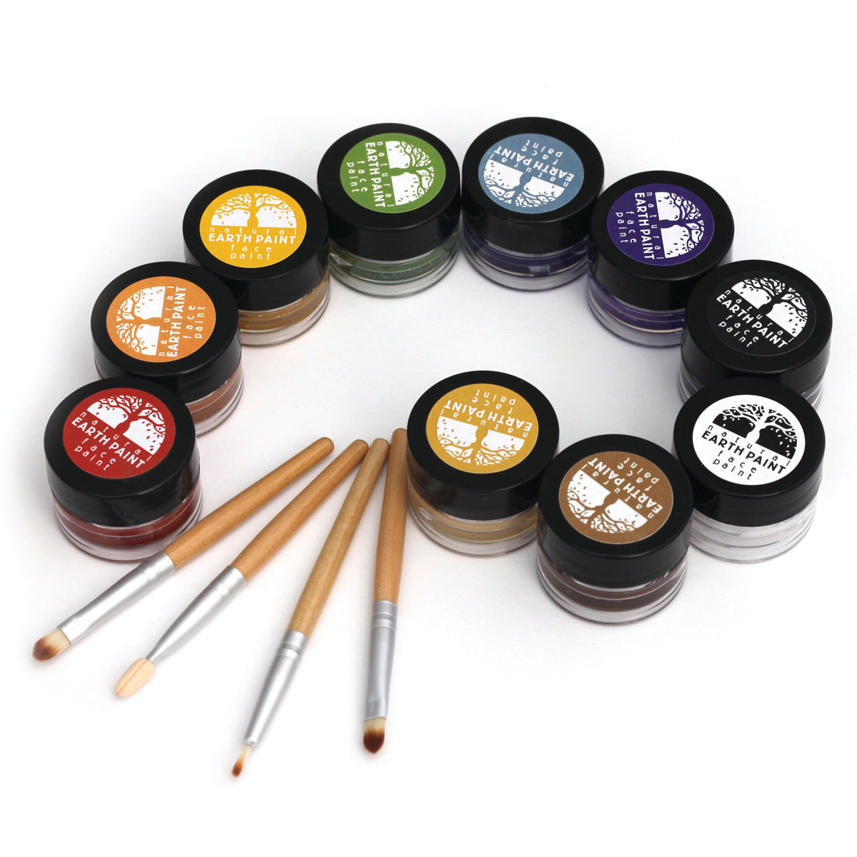 Natural Earth kids eco-friendly face paint jars in a spiral with some wooden paint brushes on a white background