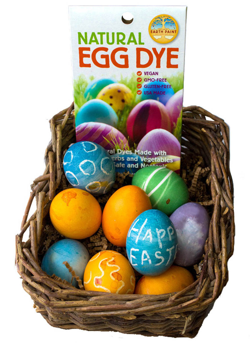 Eggs dyed using the Natural Earth Paint Egg Dye Kit placed in a wicker basket