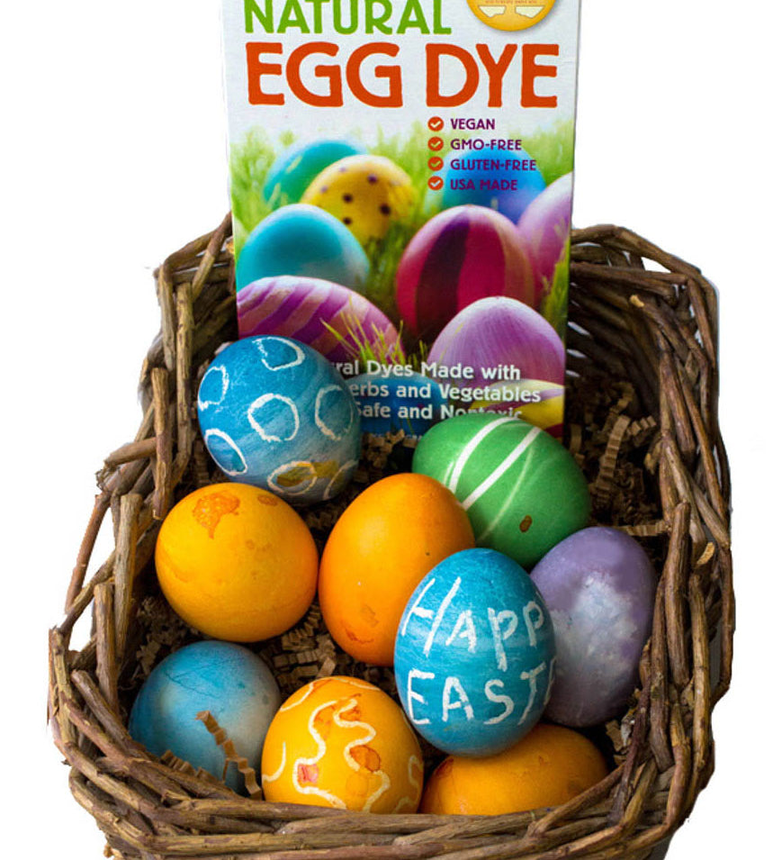 Eggs dyed using the Natural Earth Paint Egg Dye Kit placed in a wicker basket