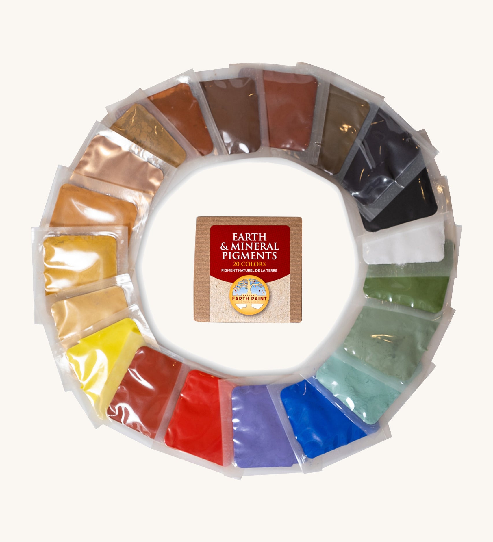 Natural Earth Paint sample pack containing 20 different colours in individual packets with the cardboard box in the middle 