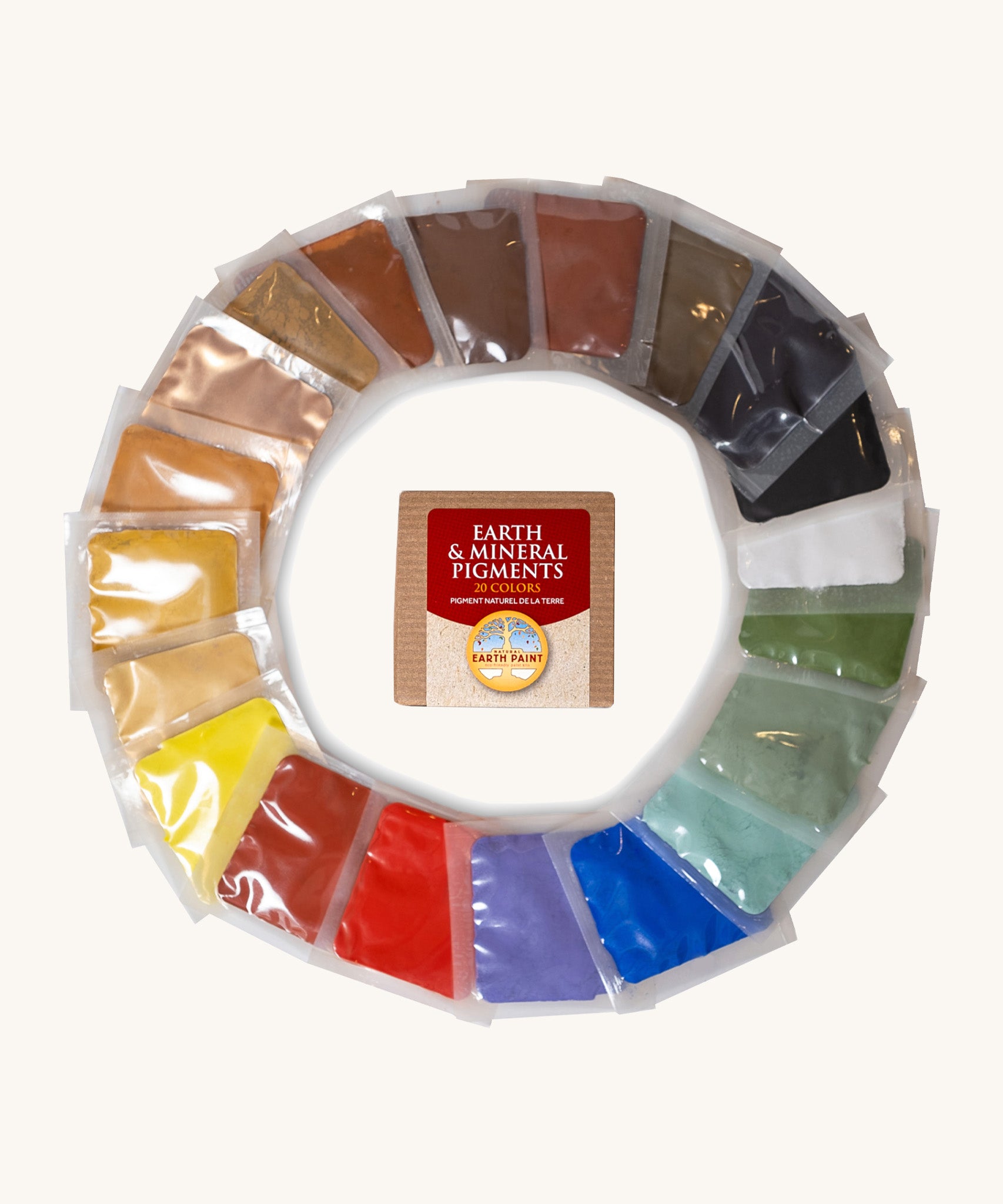 Natural Earth Paint sample pack containing 20 different colours in individual packets with the cardboard box in the middle 