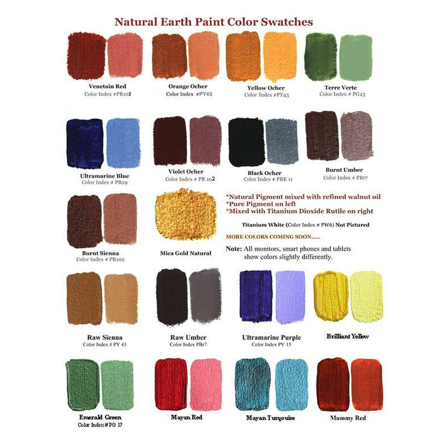 Swatch showing the different pigments for the Natural Earth coloured paint pigment sachets