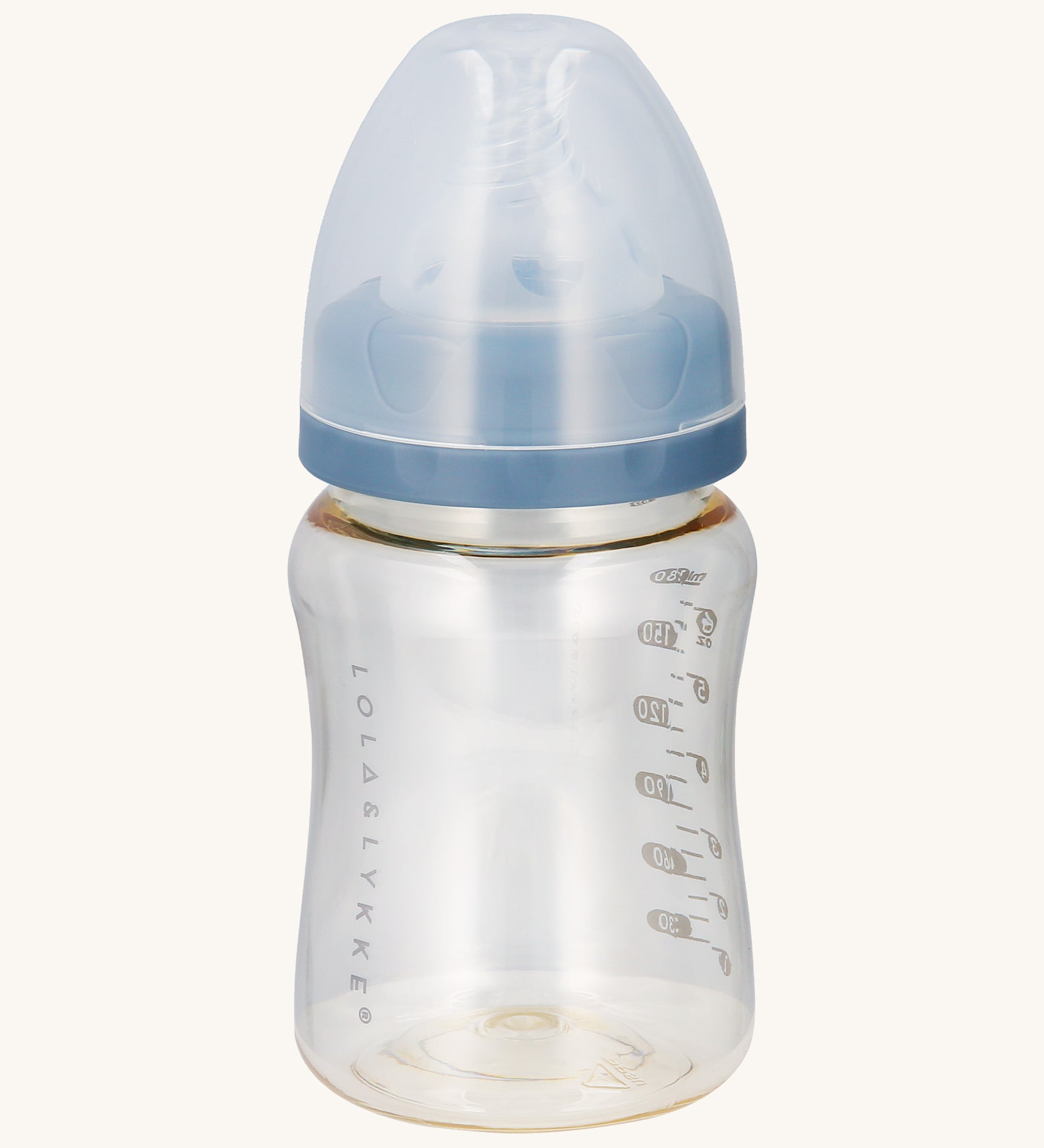 Lola & Lykke Natural Flow Baby Bottle with cap. The soft silicone nipple teat features an anti-colic valve and mimics the feel of the breast, nurturing a natural latch