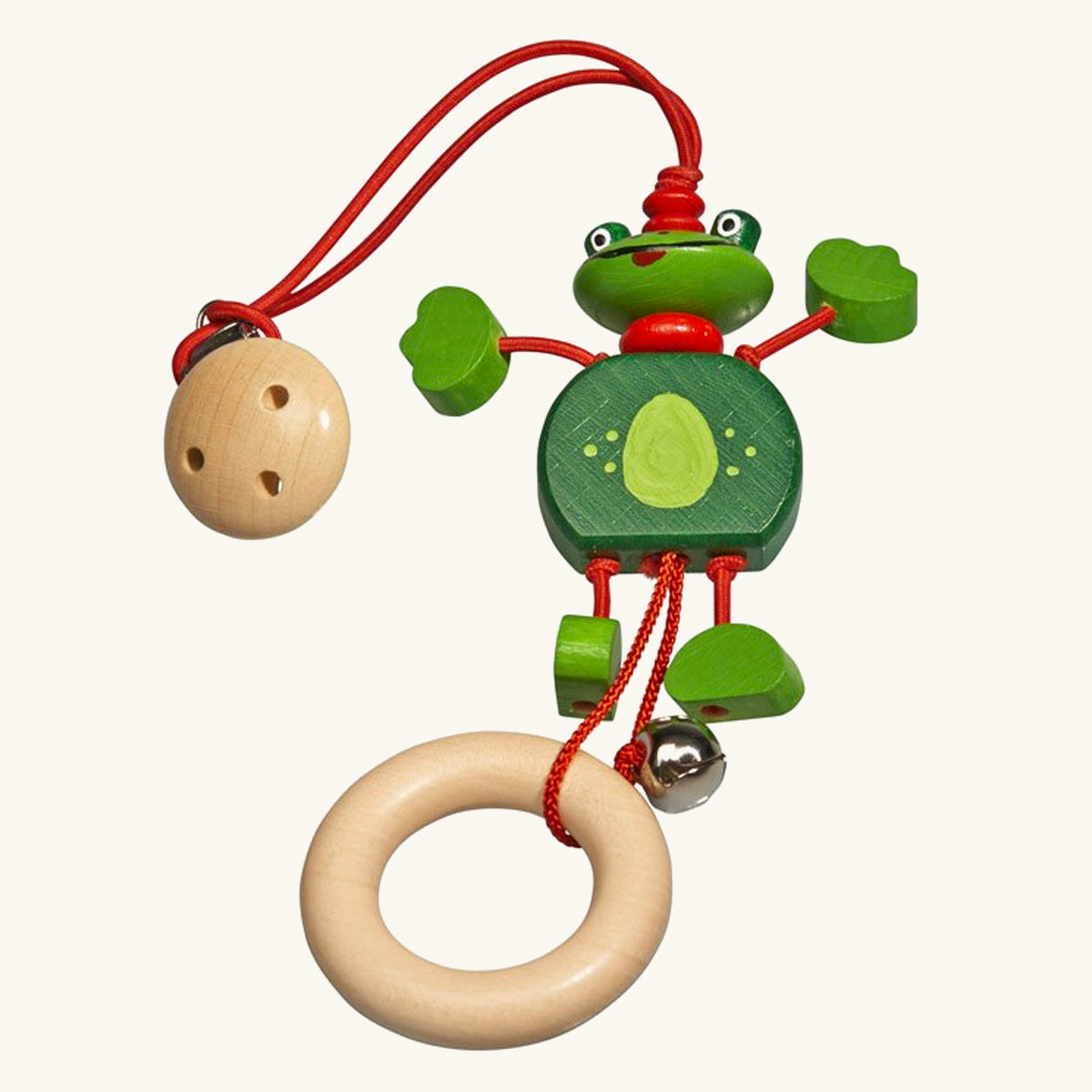 Nic plastic-free wooden frog pram toy laid out on a beige background