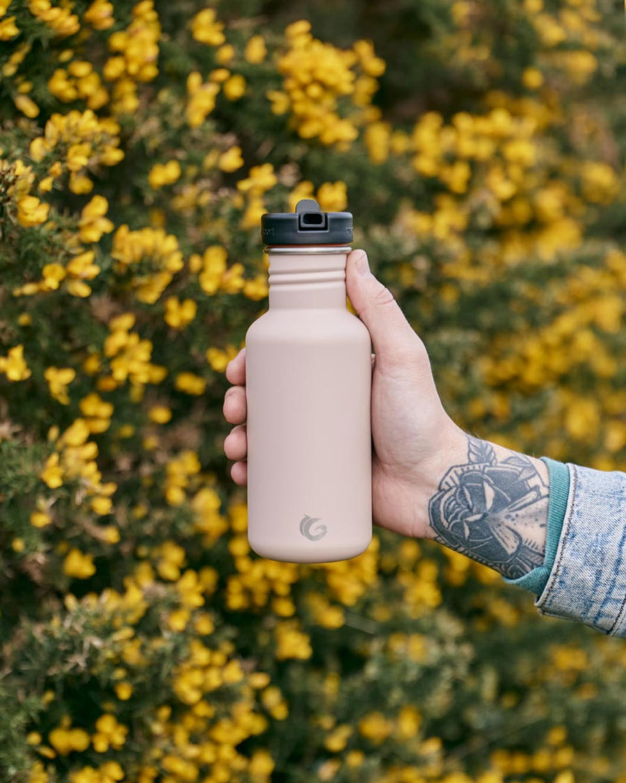 Close up of a hand holding a 500ml One Green Bottle drinks canteen in front of some yellow and green bushes