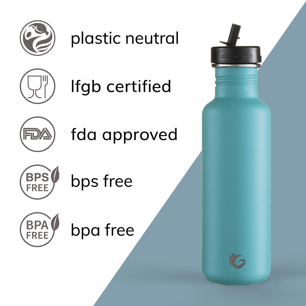 Reusable plastic free One Green Bottle tough canteen on a blue and white background