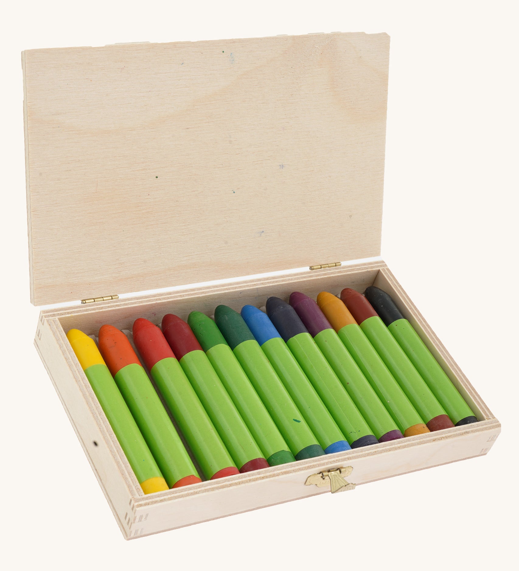 OkoNorm 12 Beeswax Crayons in a  Wooden Box, shown with the lid open and the crayons inside. 