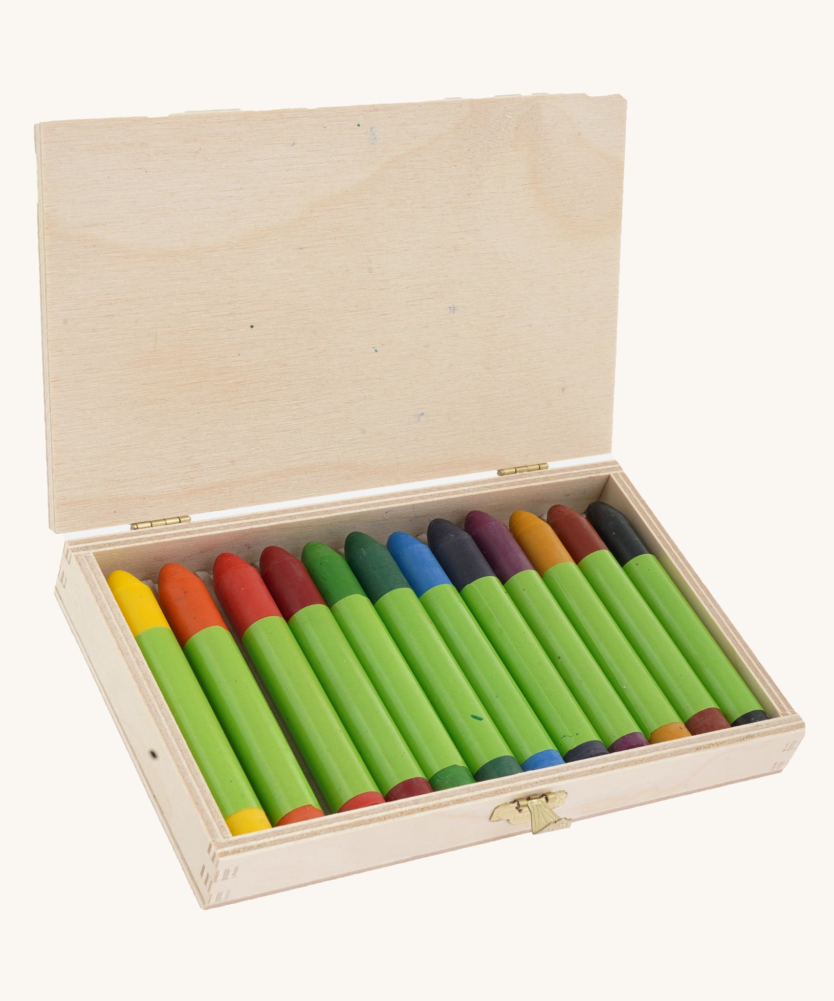 OkoNorm 12 Beeswax Crayons in a  Wooden Box, shown with the lid open and the crayons inside. 