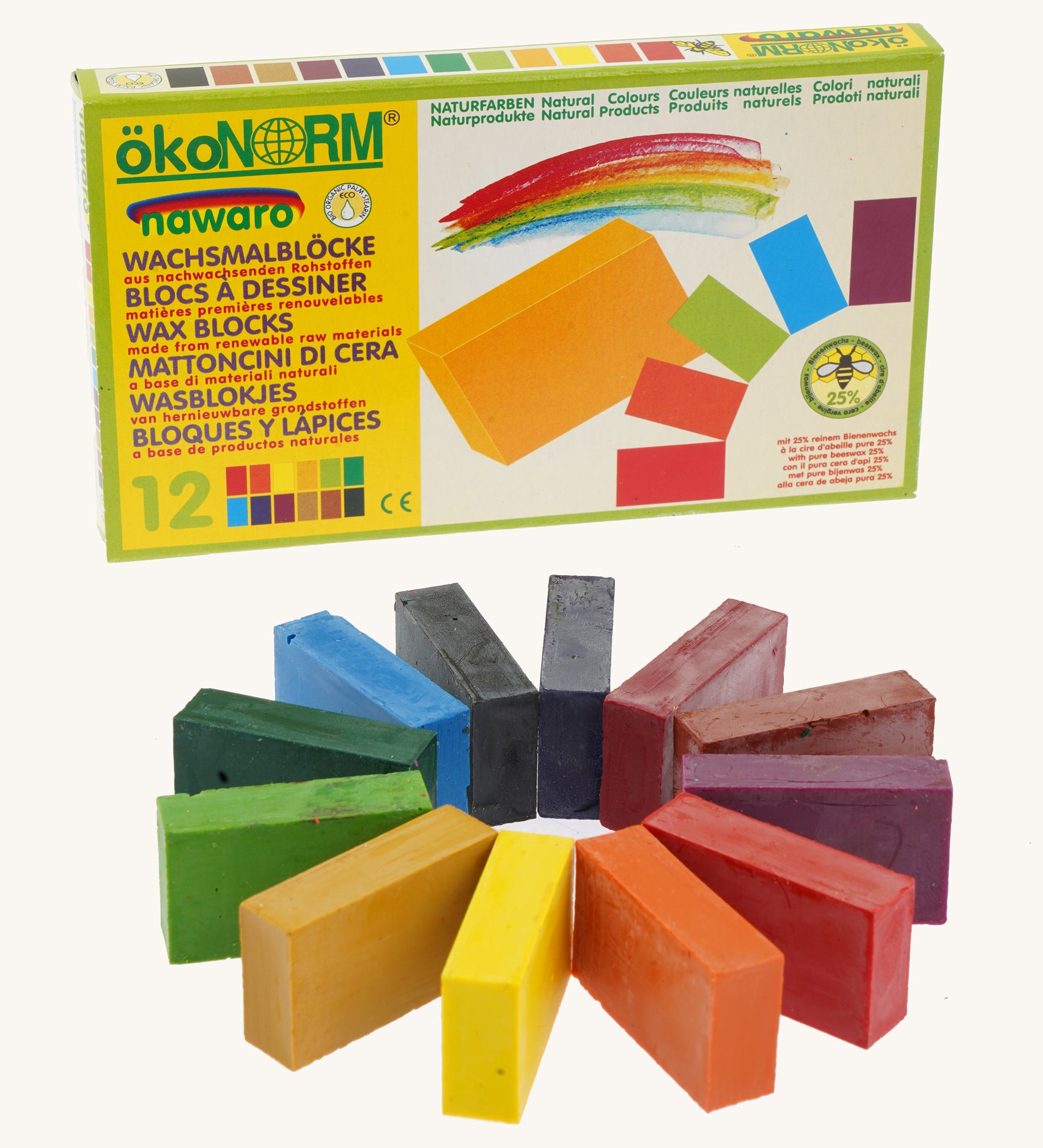 OkoNorm 12 Coloured Wax Crayon Blocks. Pictured next to their cardboard packaging box.