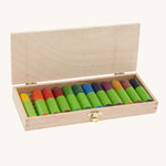 Okonorm Stubby Beeswax Crayons in a Wooden Box with 12 Colours. Shown with the lid open and crayons in the box. 