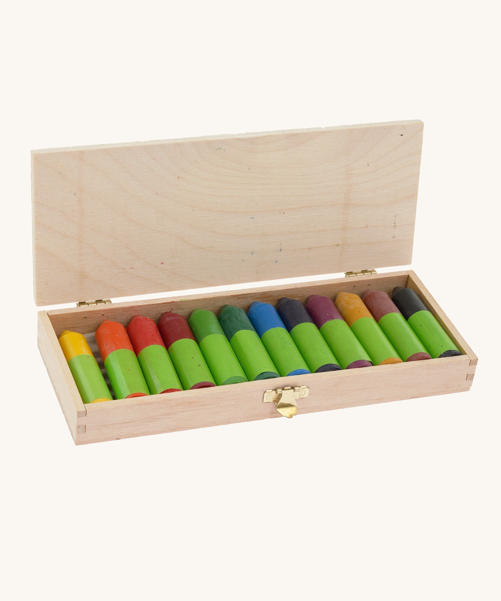 Okonorm Stubby Beeswax Crayons in a Wooden Box with 12 Colours. Shown with the lid open and crayons in the box. 