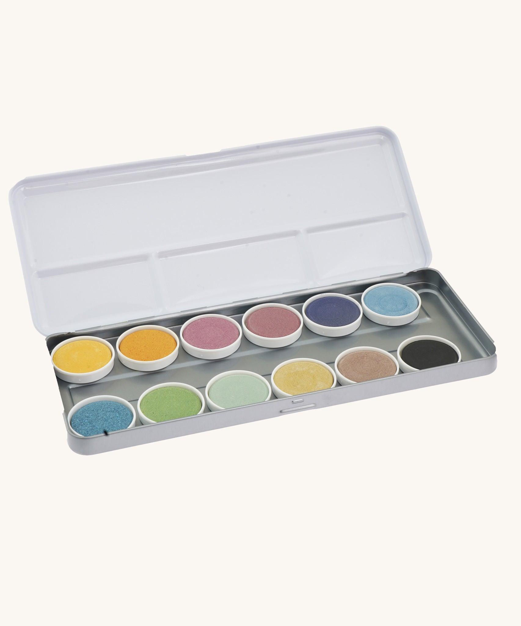 A tin of 12 OkoNorm Watercolour Paints. The tin is shown open with the 12 colour tablets seen inside. 