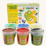 OkoNorm 6 Pack Finger Paints in Classic Colours. One pot each of green, blue, yellow, brown, red and black.