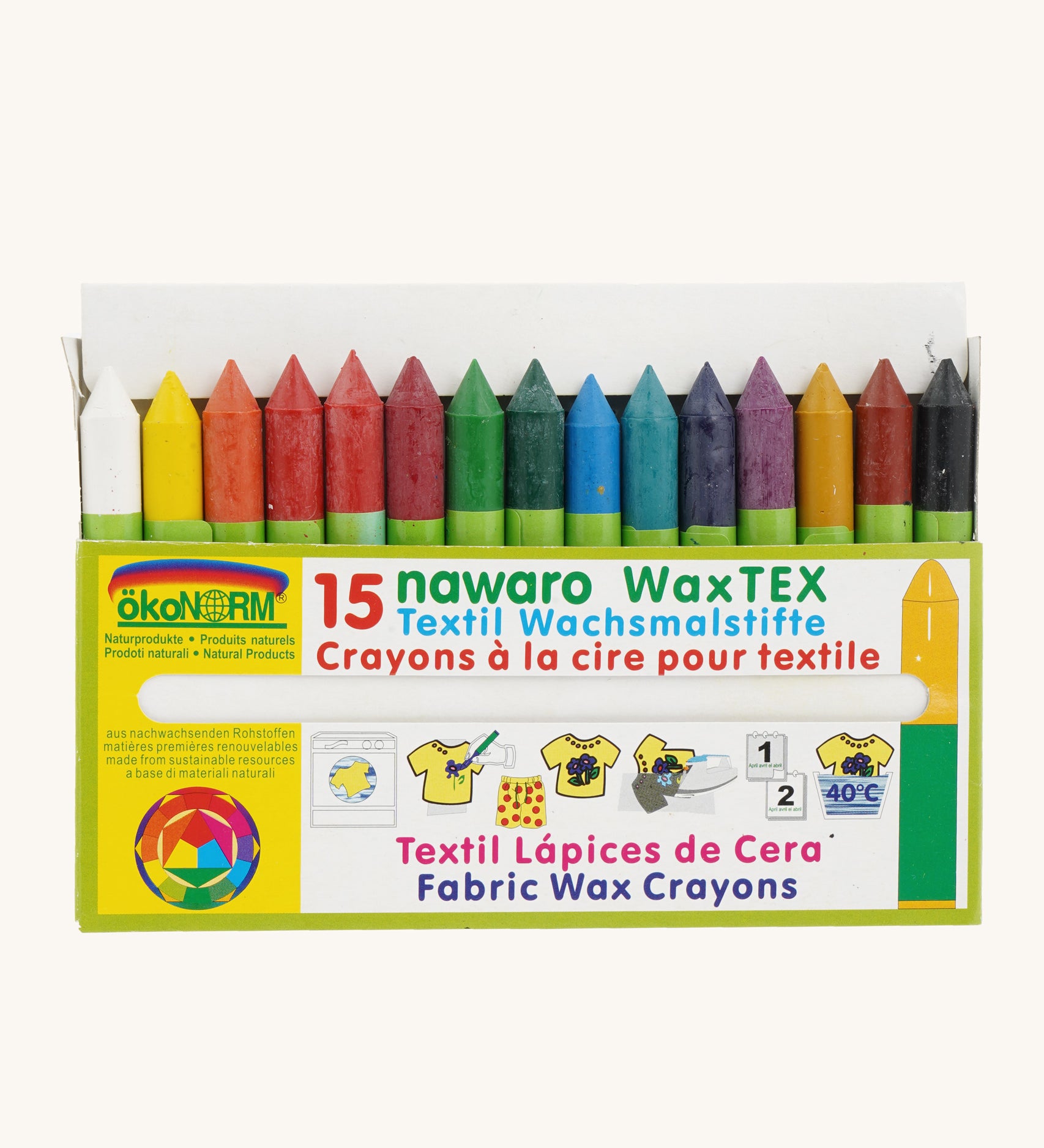 OkoNorm Fabric Crayons in 15 Colours shown in their cardboard packaging box