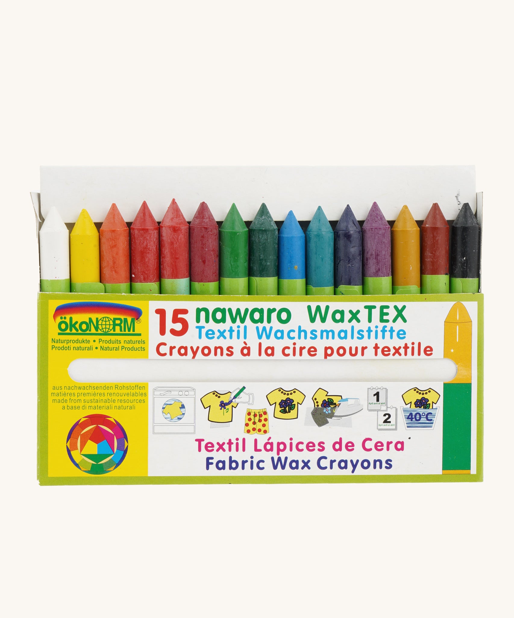 OkoNorm Fabric Crayons in 15 Colours shown in their cardboard packaging box