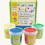 OkoNorm Finger Paints in 4 Primary Colours. One pot of each colour, yellow, blue, red and green. 