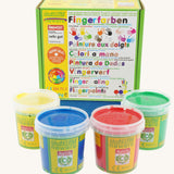 OkoNorm Finger Paints in 4 Primary Colours. One pot of each colour, yellow, blue, red and green. 