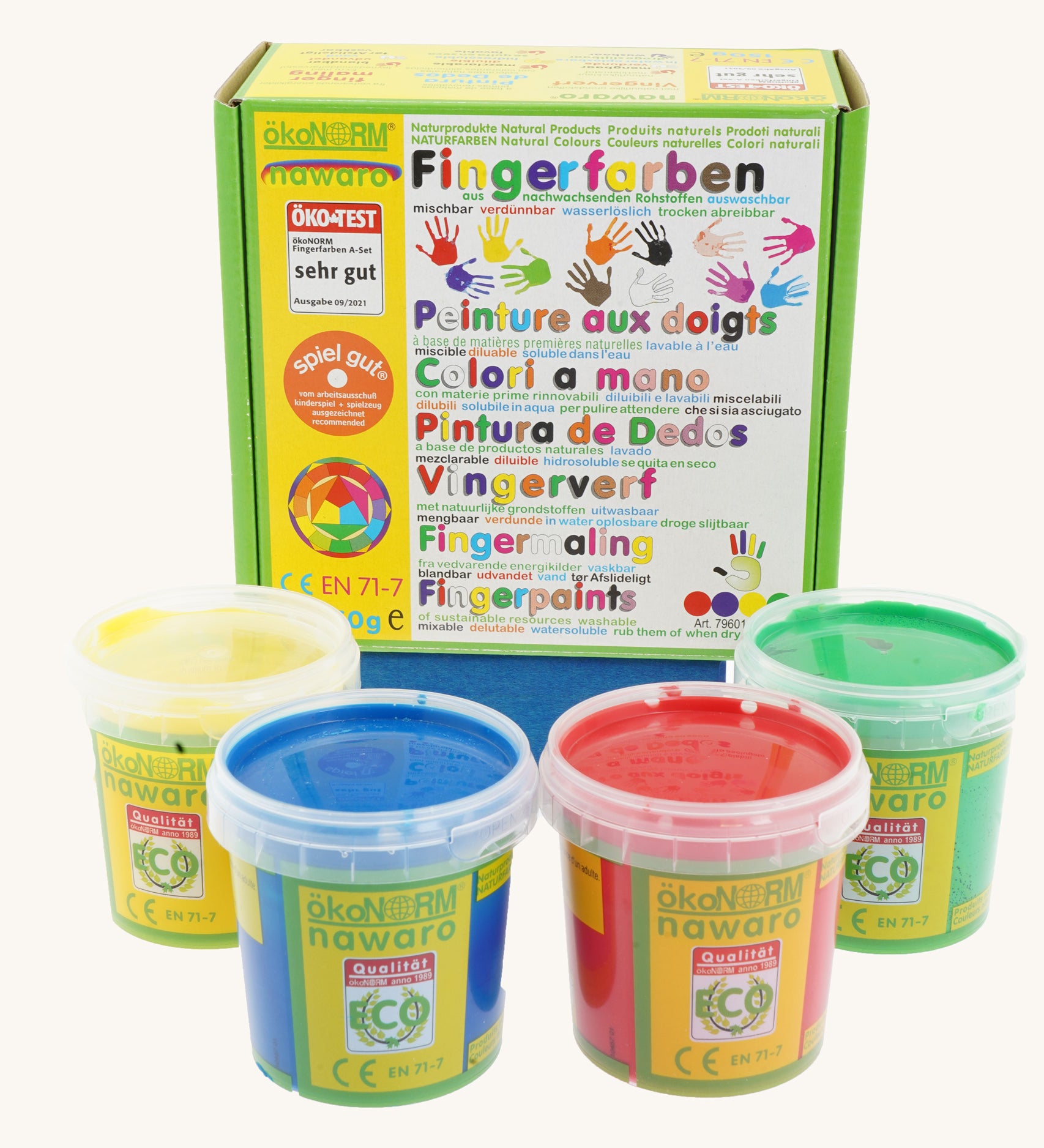 OkoNorm Finger Paints in 4 Primary Colours. One pot of each colour, yellow, blue, red and green. 