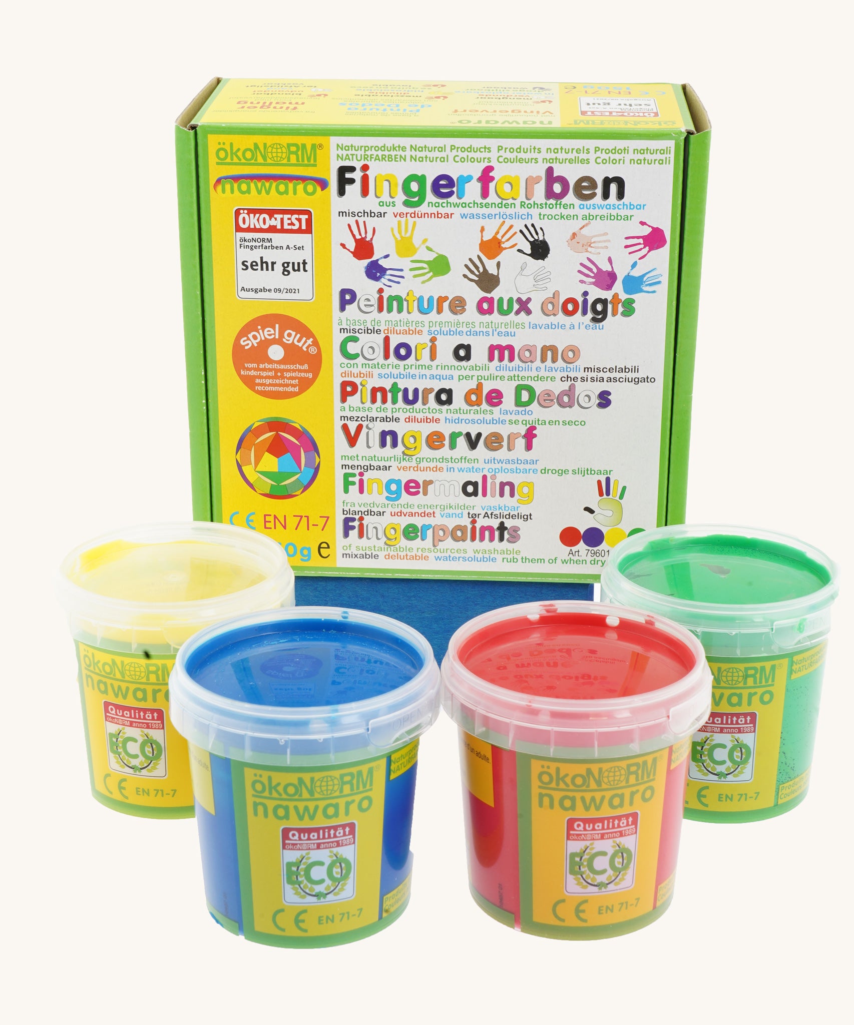 OkoNorm Finger Paints in 4 Primary Colours. One pot of each colour, yellow, blue, red and green. 