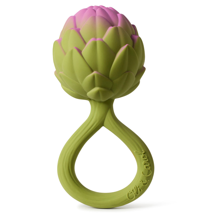 Oli & Carol Artichoke Rattle Teether pictured on a plain background