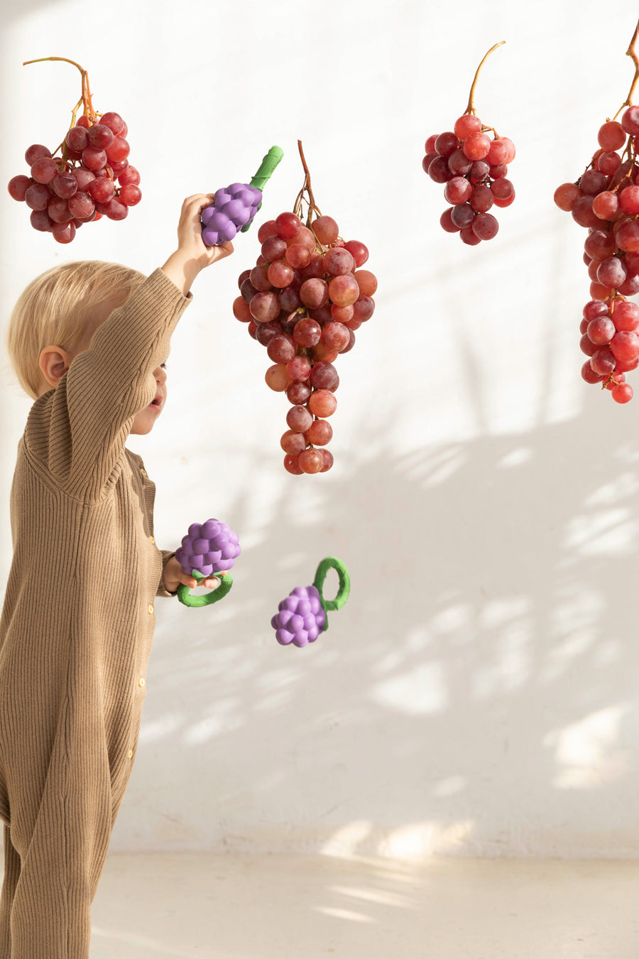 A child holding up an Oli & Carol Grape Rattle Teether Toy with a real bunch of grapes next to it