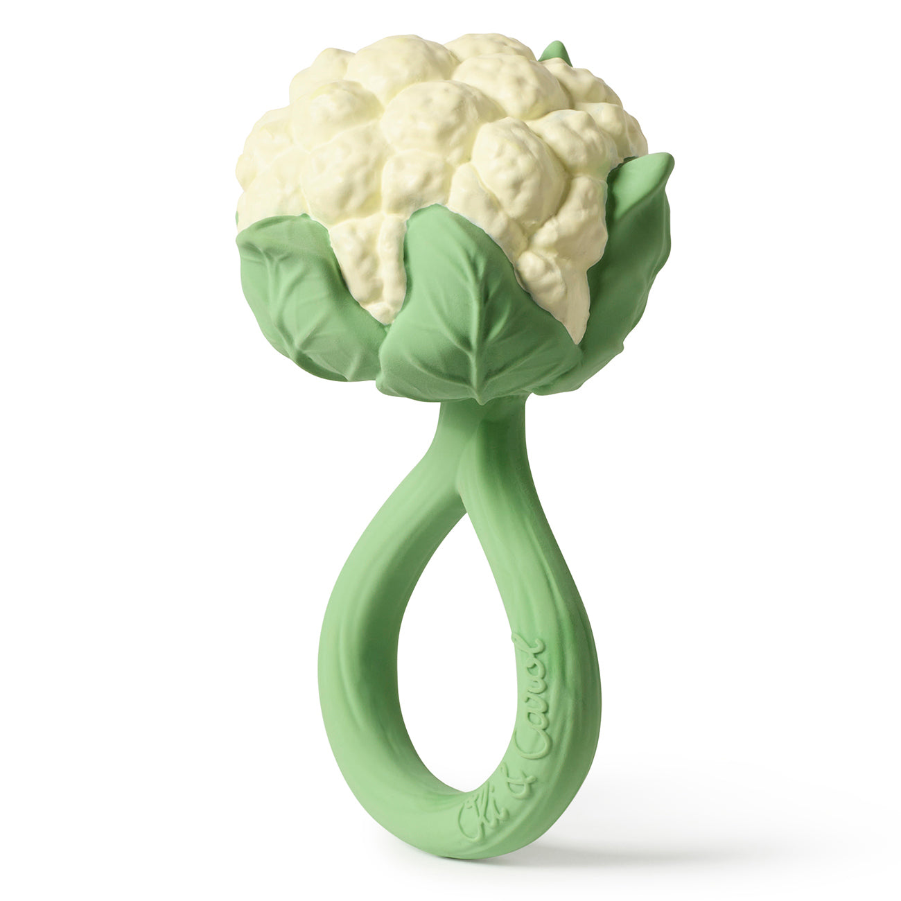 Side view of the Oli & Carol Cauliflower Rattle Teether pictured on a plain background