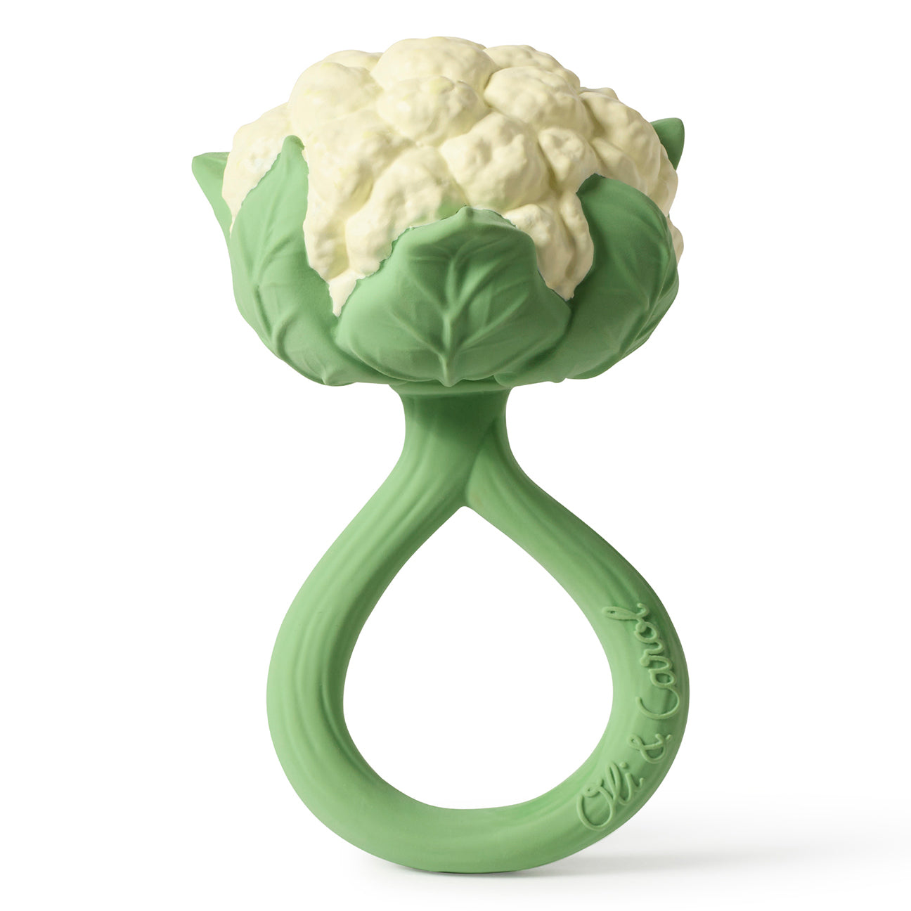 Oli & Carol Cauliflower Rattle Teether pictured on a plain background