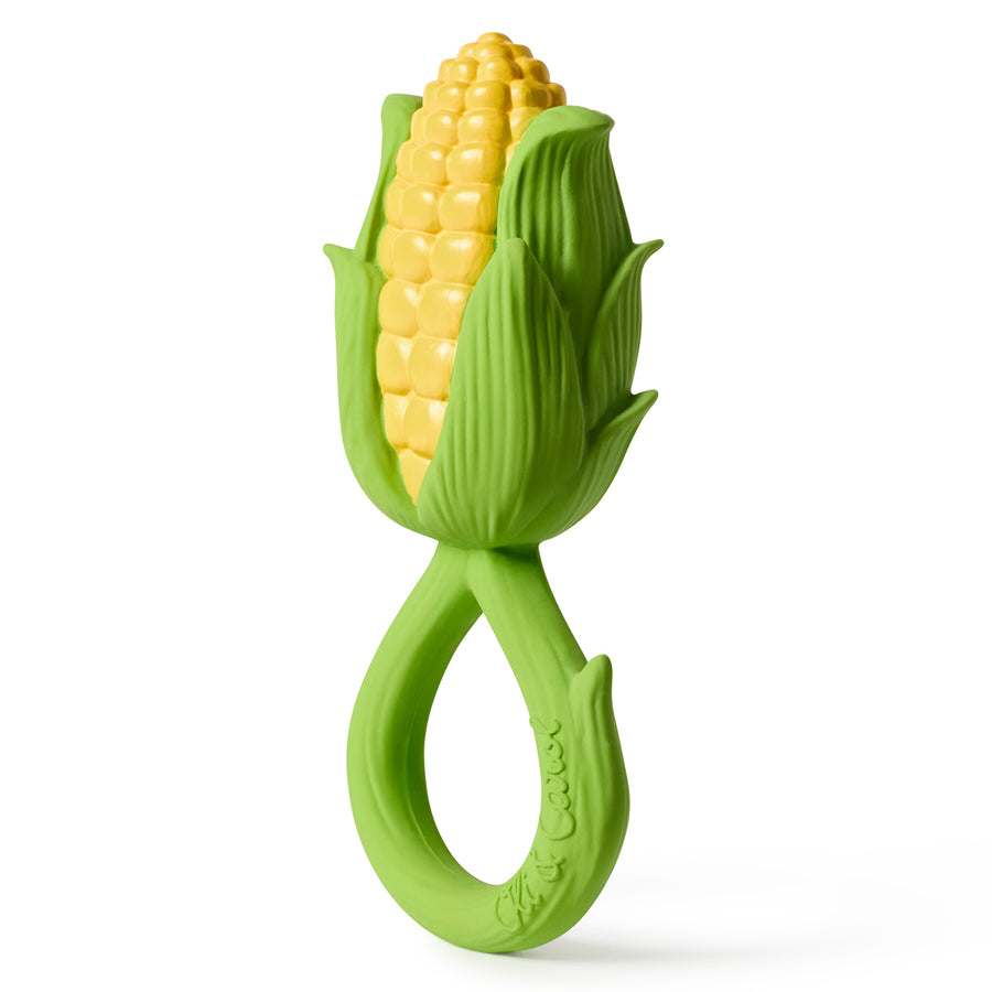 side angle of the Oli & Carol Corn Rattle Teether pictured on a plain background