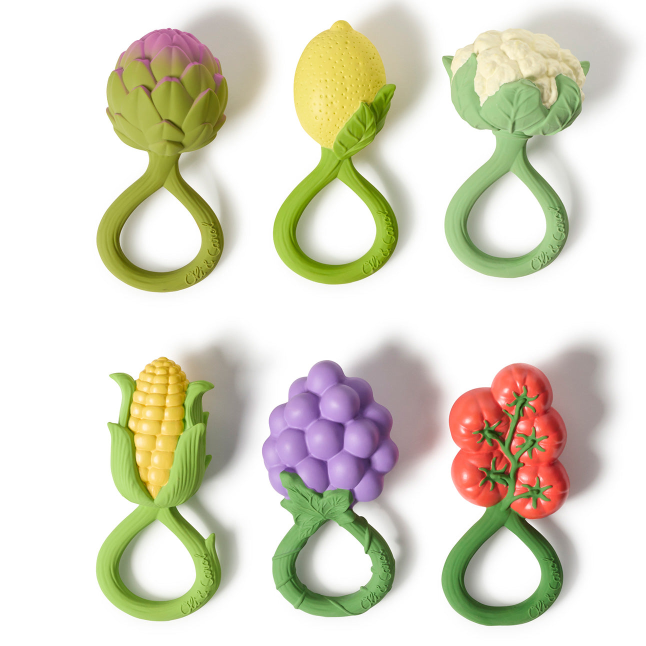 A collection of six Oli & Carol Rattle Teether Toys