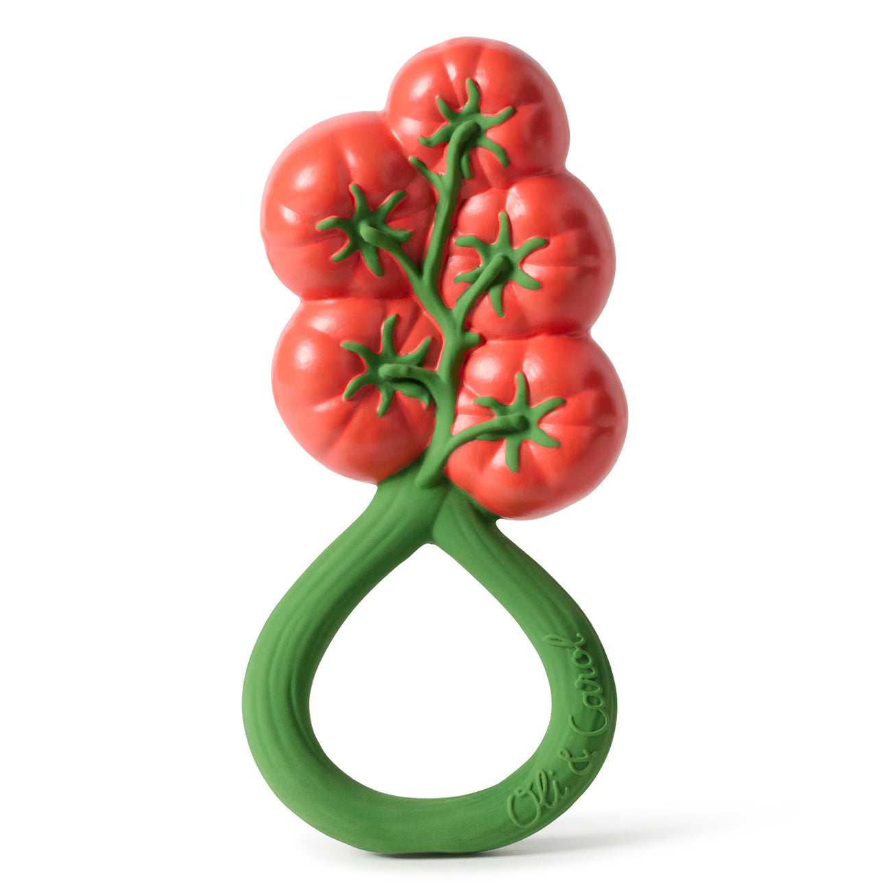 Oli & Carol Tomato Rattle Teether pictured on a plain background