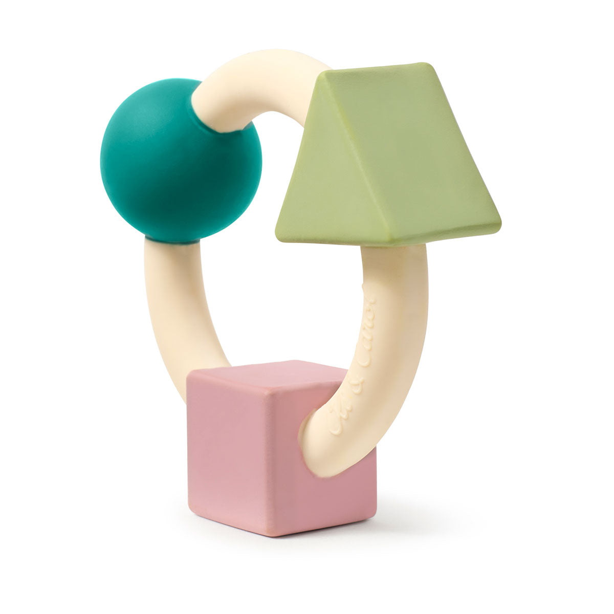 Side view of Oli & Carol X Bauhaus Movement Teething Ring in Pastel Colours pictured on a plain white background