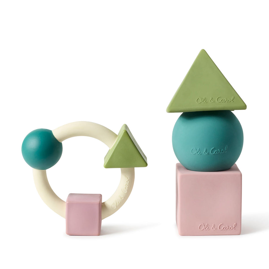 Oli & Carol X Bauhaus Movement Teething Ring and geometric floating stacking blocks in Pastel Colours pictured on a plain white background