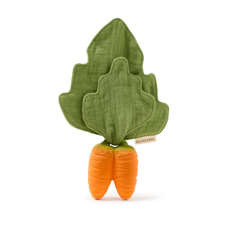 Oli & Carol natural rubber mini cathy the carrot baby teething toy on a white background