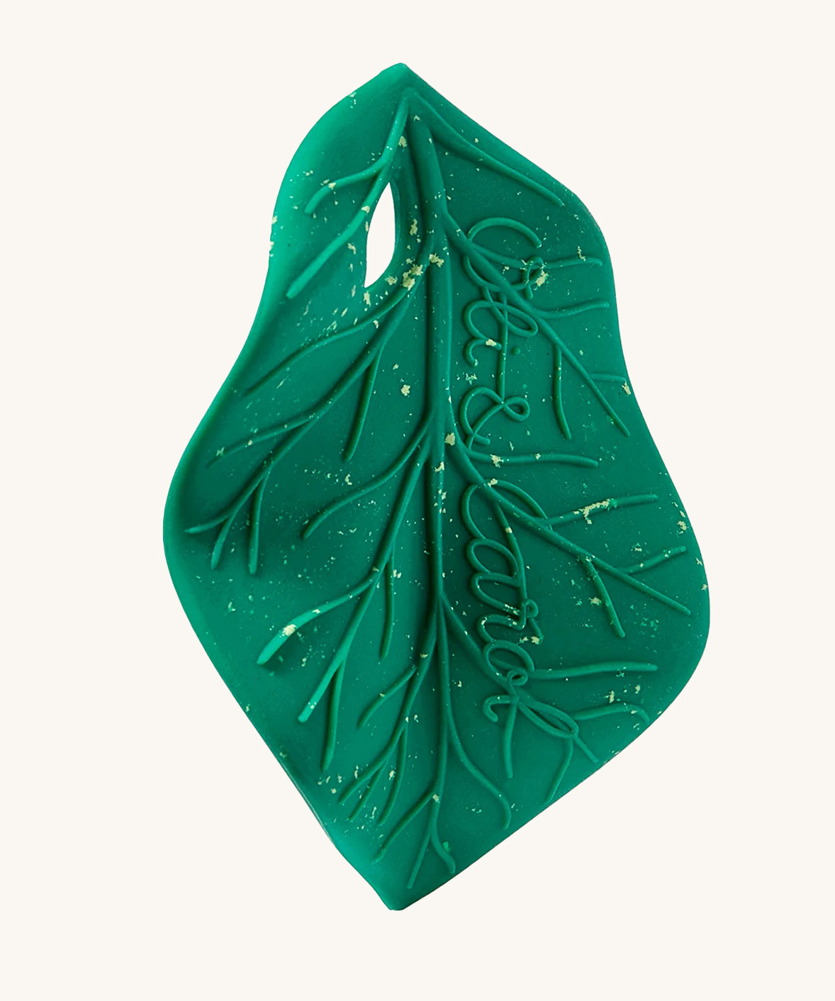 Oli & Carol green coloured Chlorophyll Leaf Baby Teether, shaped like a real leaf with raised features