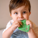 A baby holding the Oli & Carol Chlorophyll Leaf Baby Teether in their hands while chewing on it.